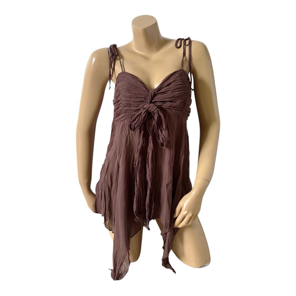 Rampage Cami Top Womens Large Brown Chiffon Ruched Tie Front Babydoll Y2K Boho
